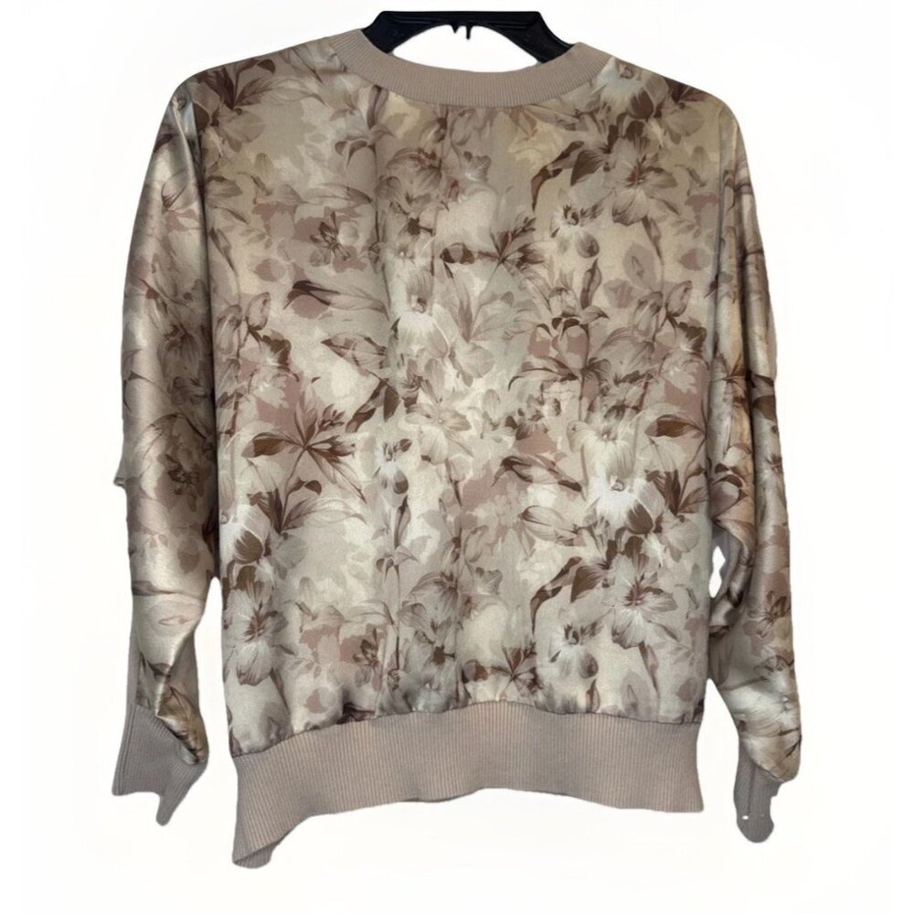 SIONI Women's Tan Floral Satin Print Long Sleeve Sweater Top Sz L‎